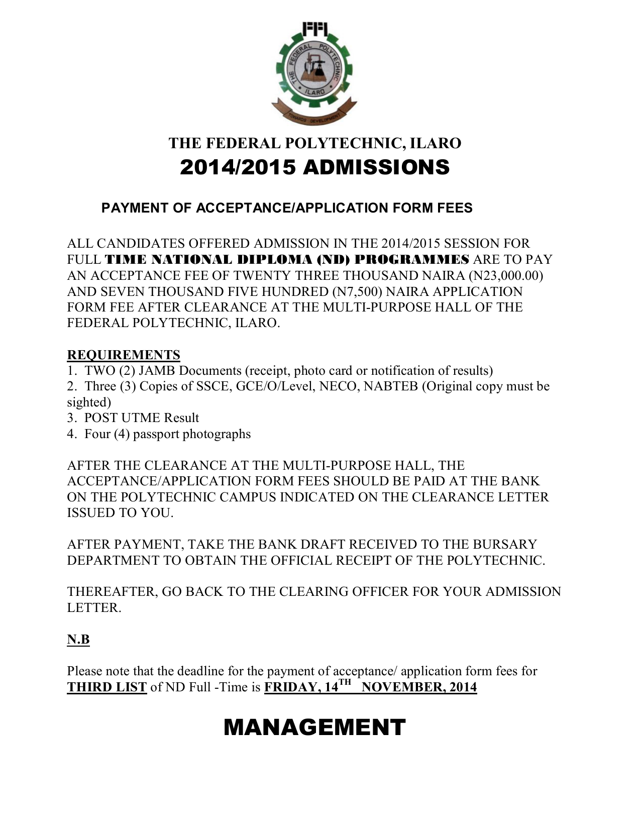 ND [Full-Time] Third List 2015 - The Federal Polytechnic Ilaro